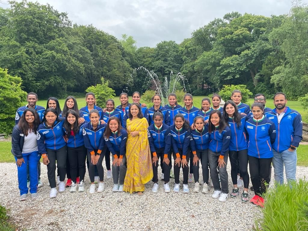 Indian Women's Hockey Team greeted at its Embassy by Reenat Sandhu, India's Ambassador to the Netherlands.