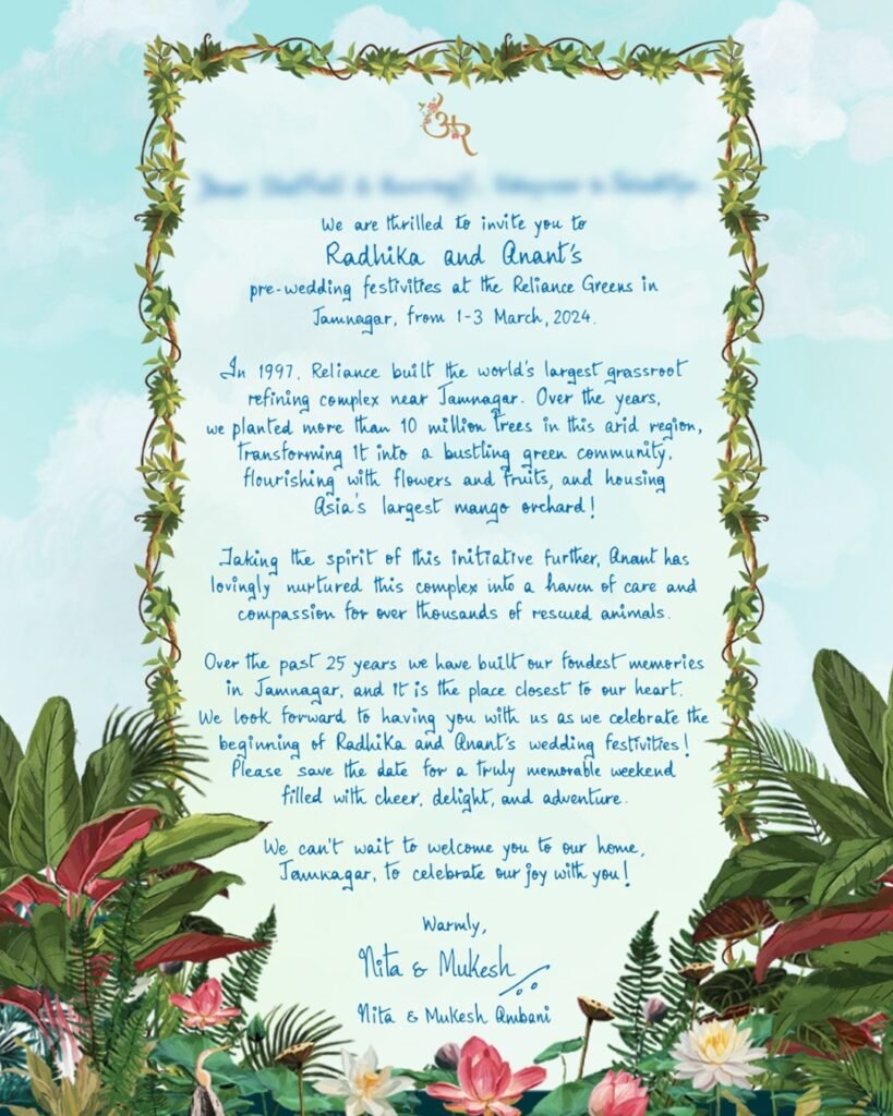 Anant-Radhika’s Wedding Invitation goes viral, says wedding ceremonies from March 1st to 3rd 2024 1 Anant-Radhika’s Wedding Invitation goes viral, says wedding ceremonies from March 1st to 3rd 2024