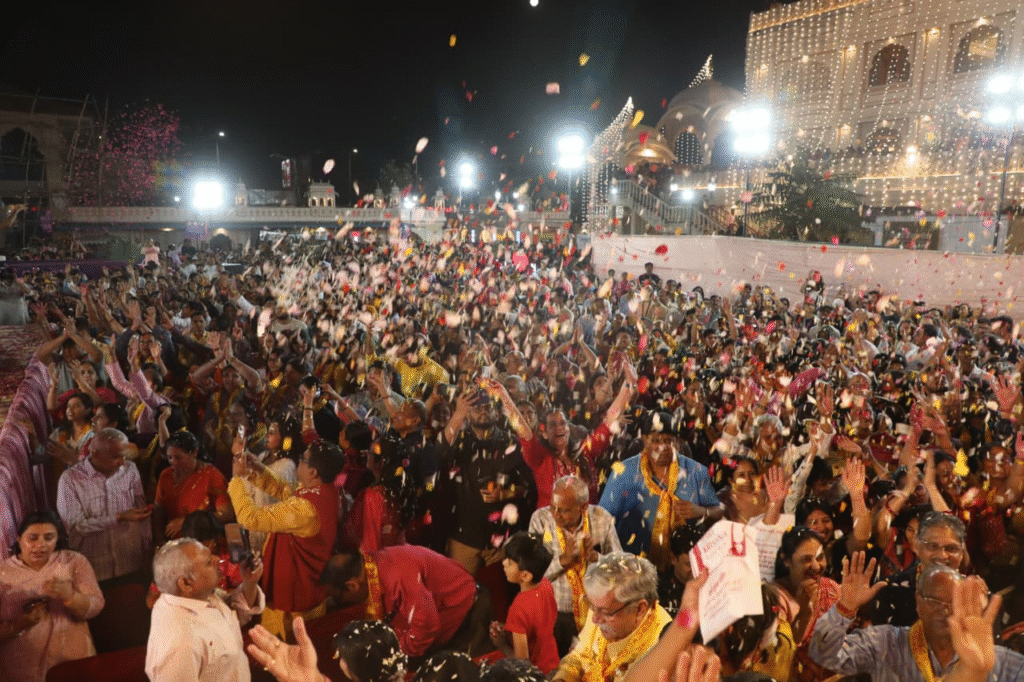 Watch Pics: Krishna and Balram Sit on Hydraulic Lotus Flower During Grand Abhishekam in Gupt Vrindavan Dham in Jaipur