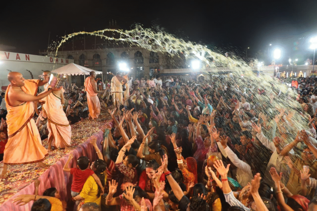 Watch Pics: Krishna and Balram Sit on Hydraulic Lotus Flower During Grand Abhishekam in Gupt Vrindavan Dham in Jaipur