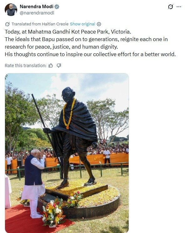 PM Modi Pays Tribute to Mahatma Gandhi Statue in Seychelles, Honouring Sculptor Naresh Kumar Kumawat's Global Artistry